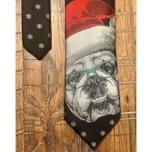 Christmas Tie Dog With Santa Hat Glasses Snowflakes White Red Green Black